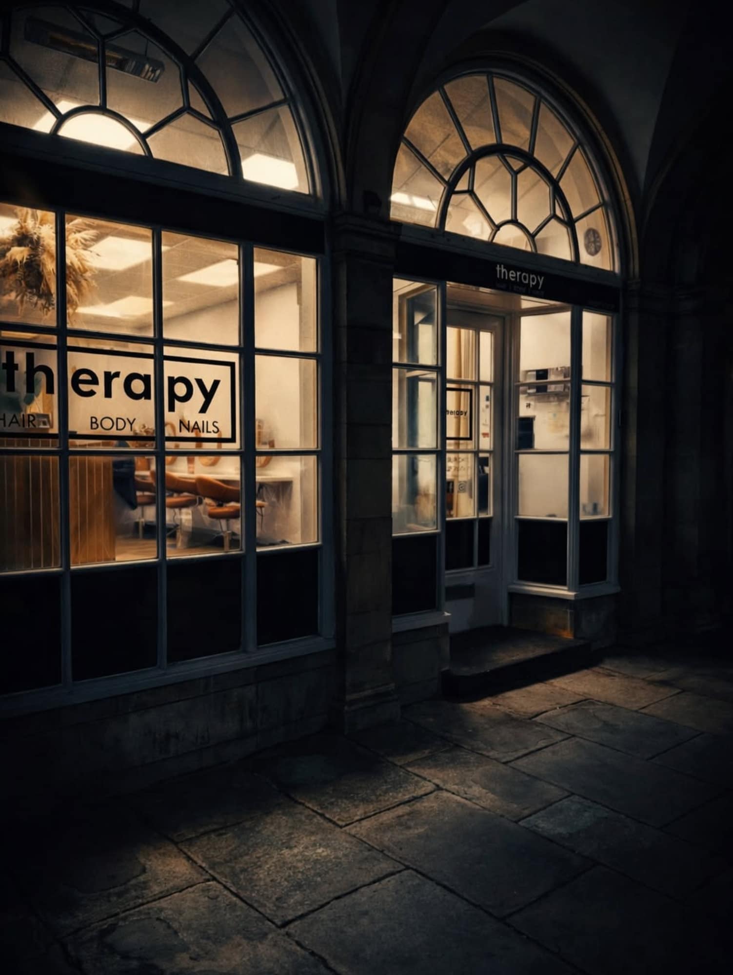 The Therapy storefront on the Burgate in Canterbury, lit at night